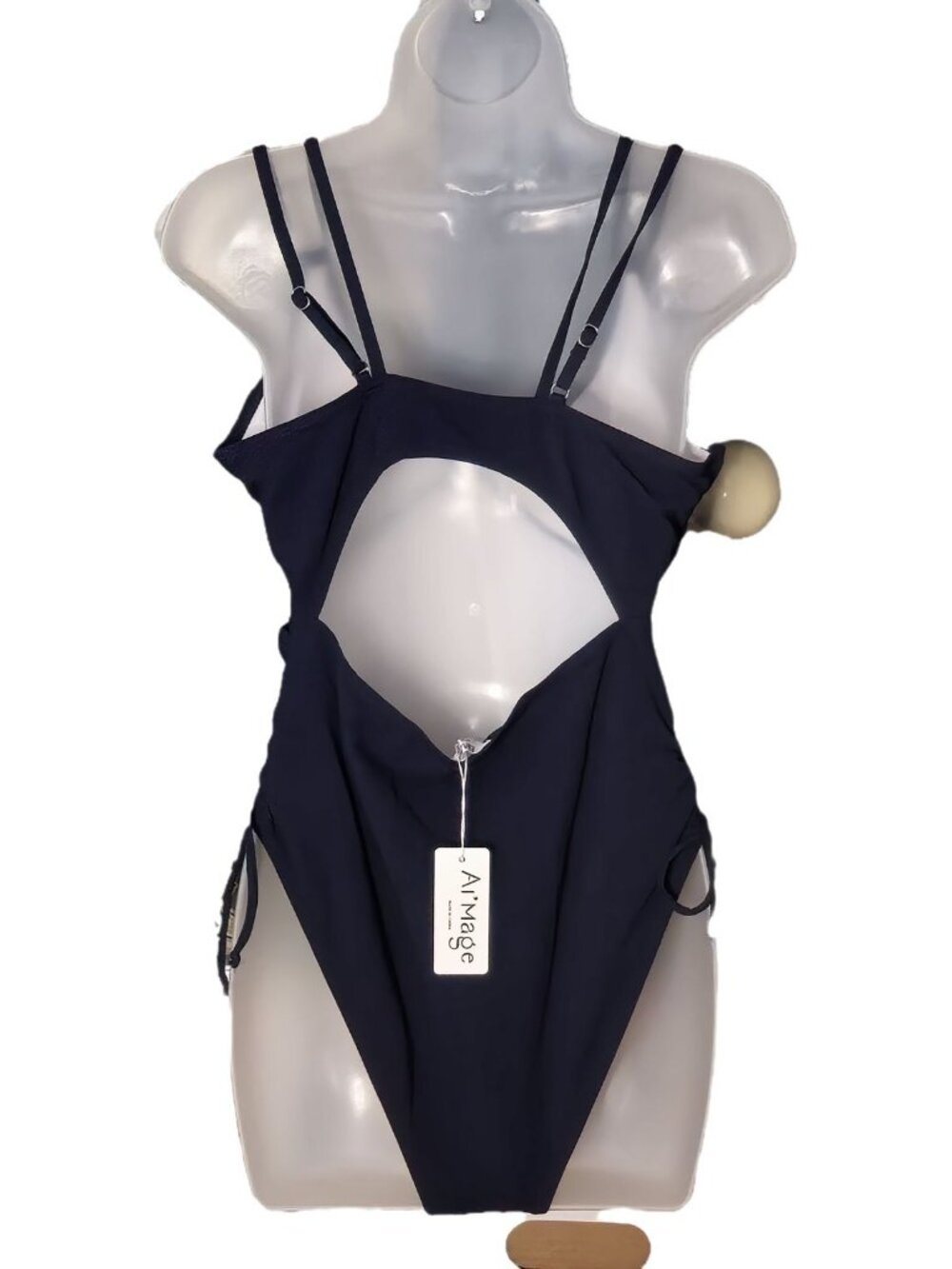 Navy Ribbed One Piece Swimsuit LG V-Neck Cutout Adjustable Straps - Picture 9 of 9